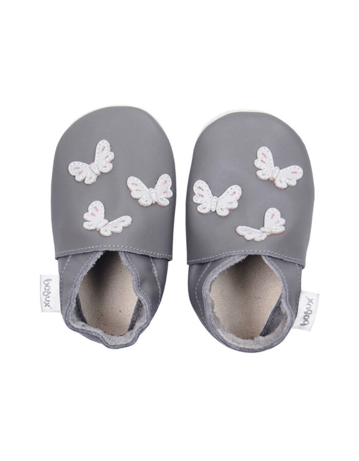 Chaussons en cuir soft soles - Papillons Gris (Bobux)