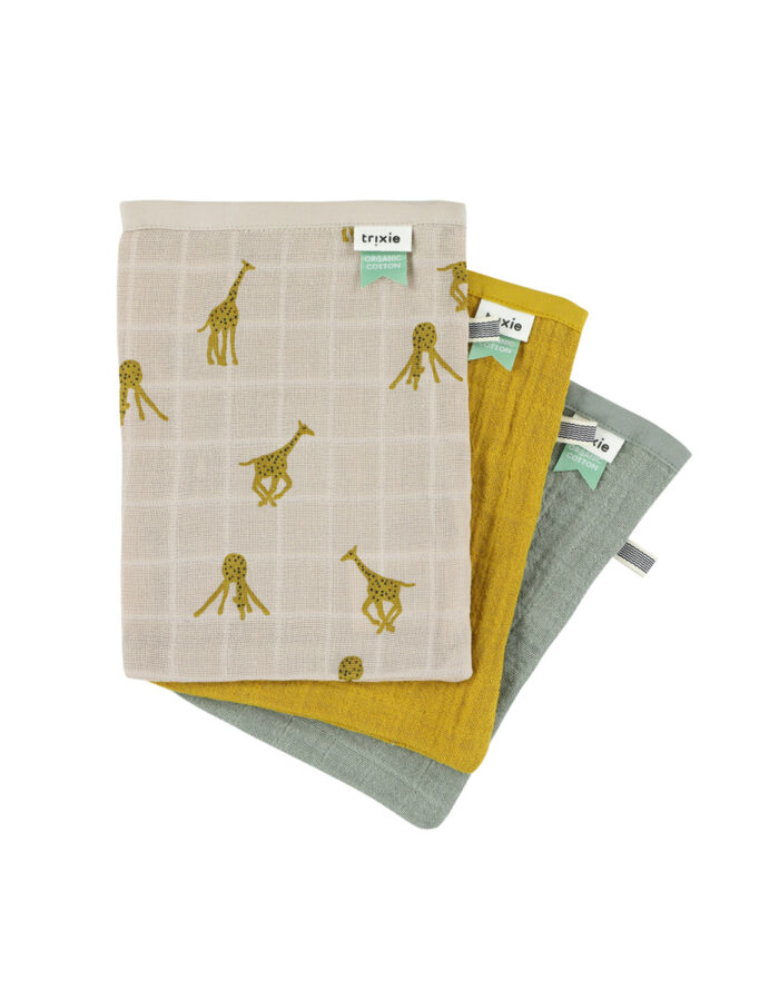 Gants de toilette en mousseline 3-pack mix - Groovy Giraffe (Trixie)