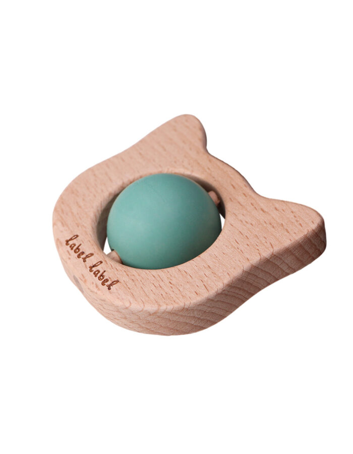 Teether Toy Wood & Silicone - Cat Head - Green (LABEL)
