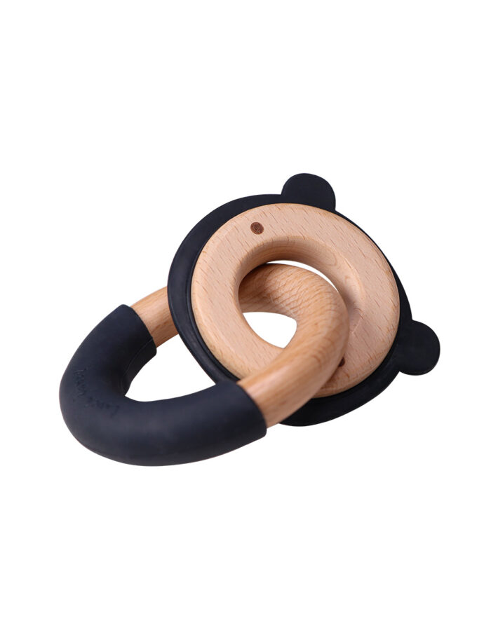Teether Wood & Silicone - Bear Head & Ring - Black (LABEL)