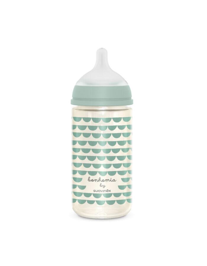 Biberon - BONHOMIA Bottle Glass sili. M - 240ml Feather Green (Suavinex) – Image 2