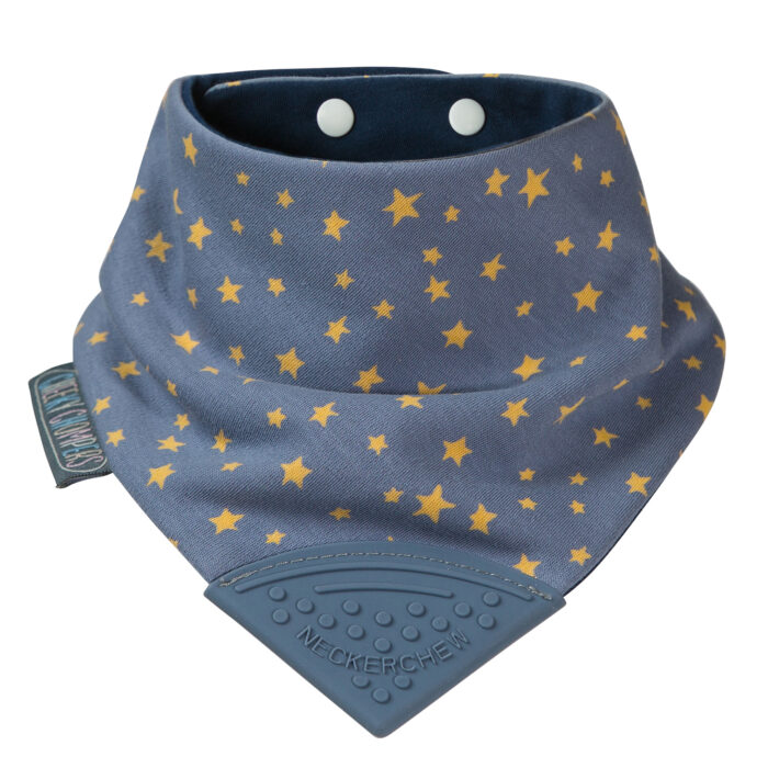 Bavoir-bandana avec embout de dentition étoiles bleu grisé (BB an Co)