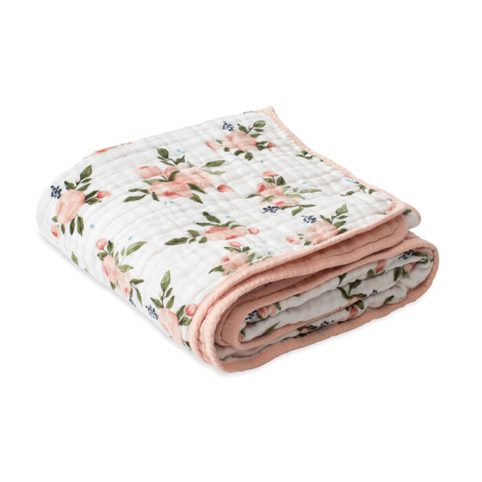 Couverture Quilt en mousseline de coton - Watercolor Roses - Taille 120 x 120 - 100% coton  (Little Unicorn)