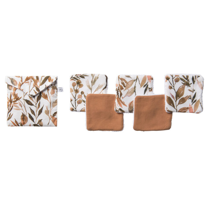 Lingettes lavables & pochette assortie imp. feuillages / cassonade  (BB and Co)