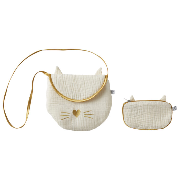 Sac bandoulière + porte-monnaie Chat - gaze de coton ivoire / or  (BB and Co)