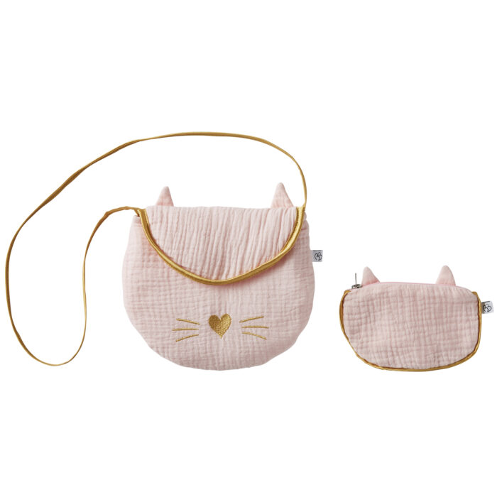 Sac bandoulière + porte-monnaie Chat - gaze de coton blush / or  (BB and Co)