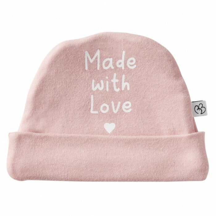 Bonnet naissance pur coton "Made with love" rose thé (BB and Co)