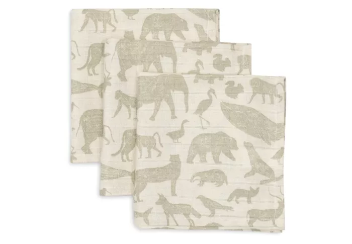 Serviette Gaze de Coton 31x31cm Animals - Olive Green - 3 Unités (Jollein)