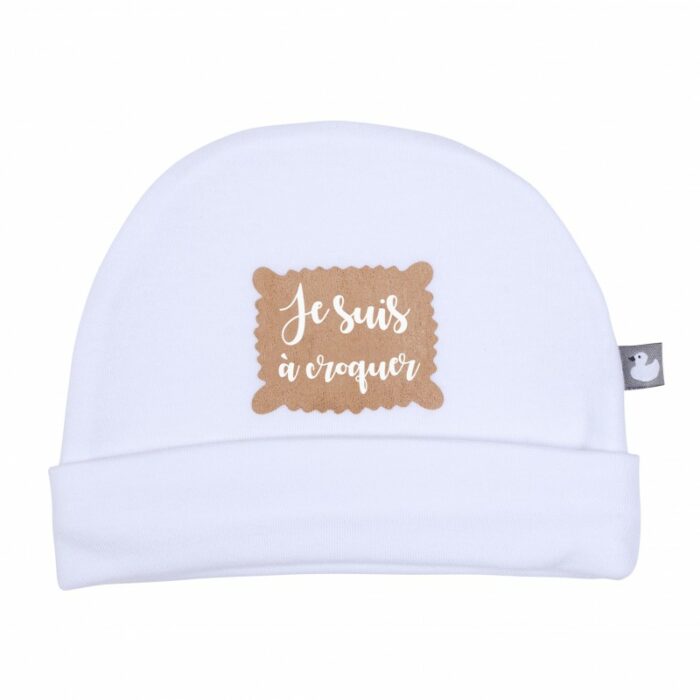 Bonnet naissance pur coton "Je suis à croquer" blanc (BB and CO)
