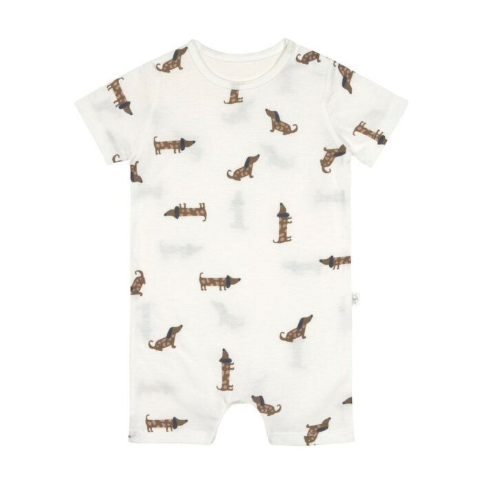 Combinaison courte pour enfant - coton bio, chien beige (Lassig)