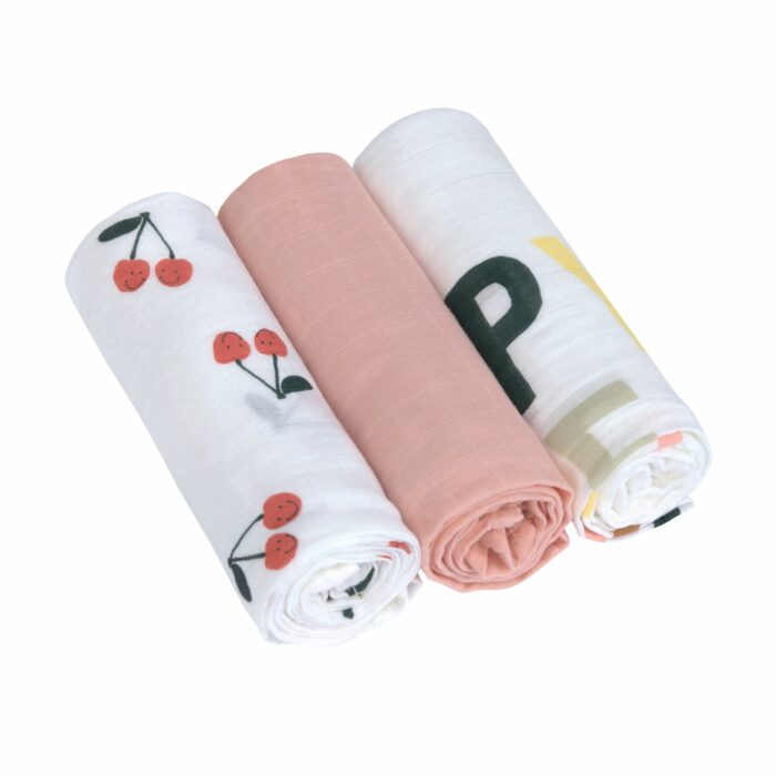 Langes d'emmaillotage L (3 pcs) - Happy Fruits, Cerise