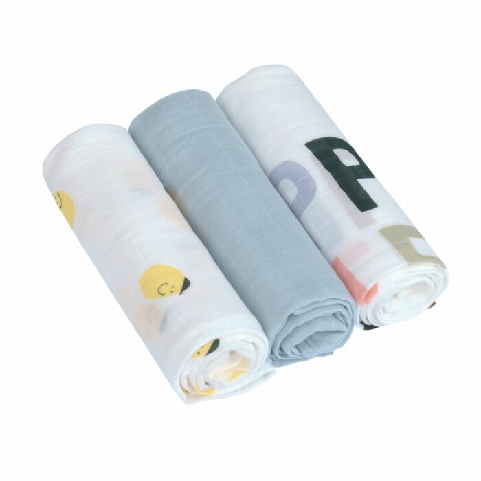 Langes d'emmaillotage L (3 pcs) - Happy Fruits, Citron (Lassig)
