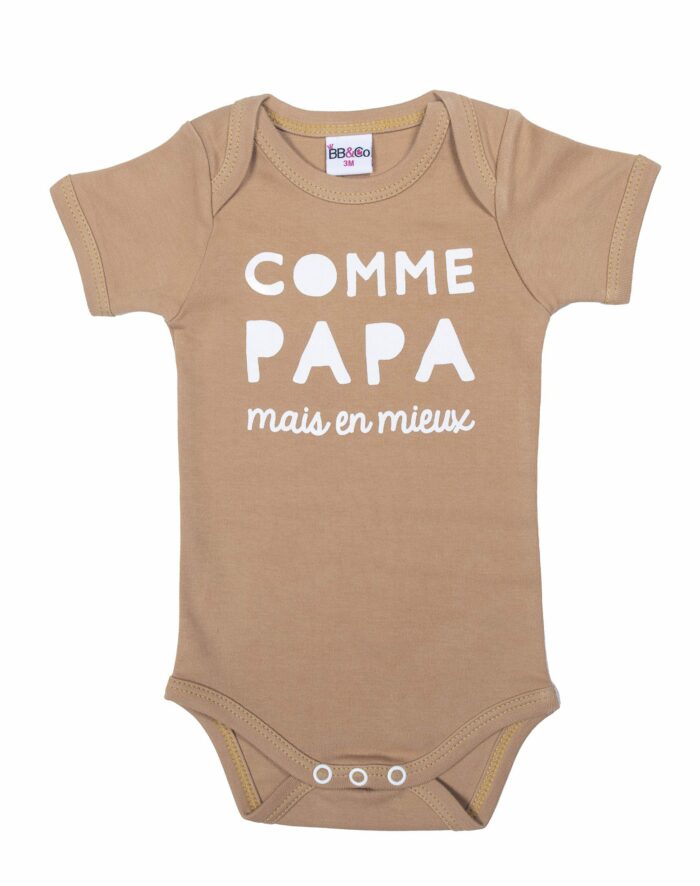 Body manches courte “Comme papa mais en mieux” camel (BB and Co)