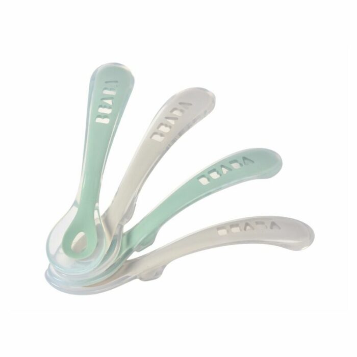 Lot 4 cuillères 2ème âge silicone Gris velours/Vert sauge (Béaba)