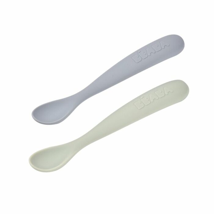 Lot 2 cuillères 1er âge silicone avec boite de transport - Galet / Vert de gris