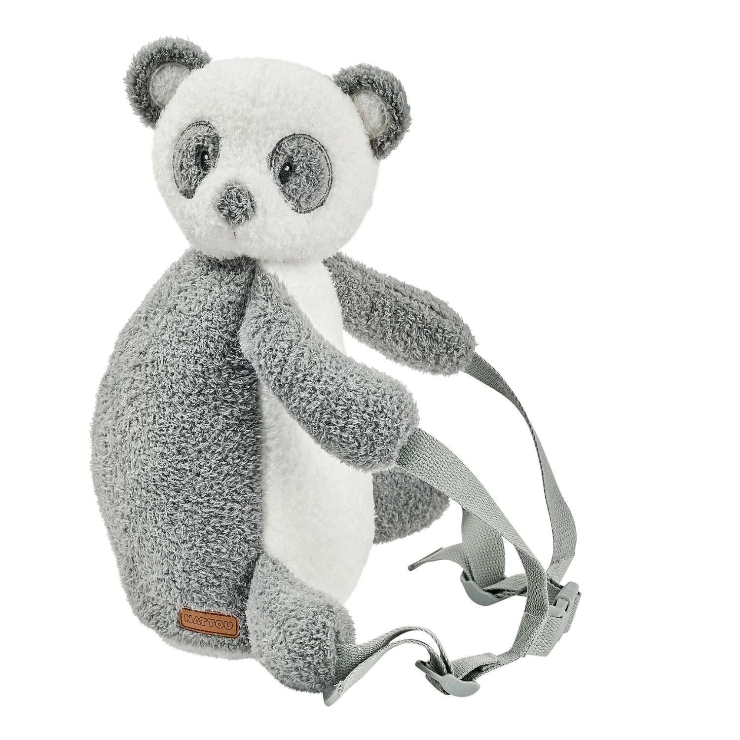 TEDDY Sac à dos peluche – 30 cm – Cartable maternelle – Sac panda doux – Gris & blanc (Nattou)
