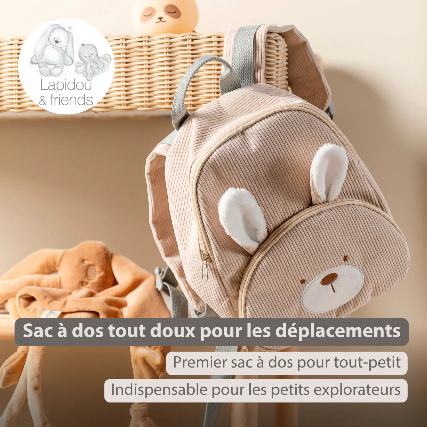 Lapidou Sac à Dos - 28 cm - Cartable Maternelle - Sac Lapin Doux - Couleur Sable (Nattou) – Image 2