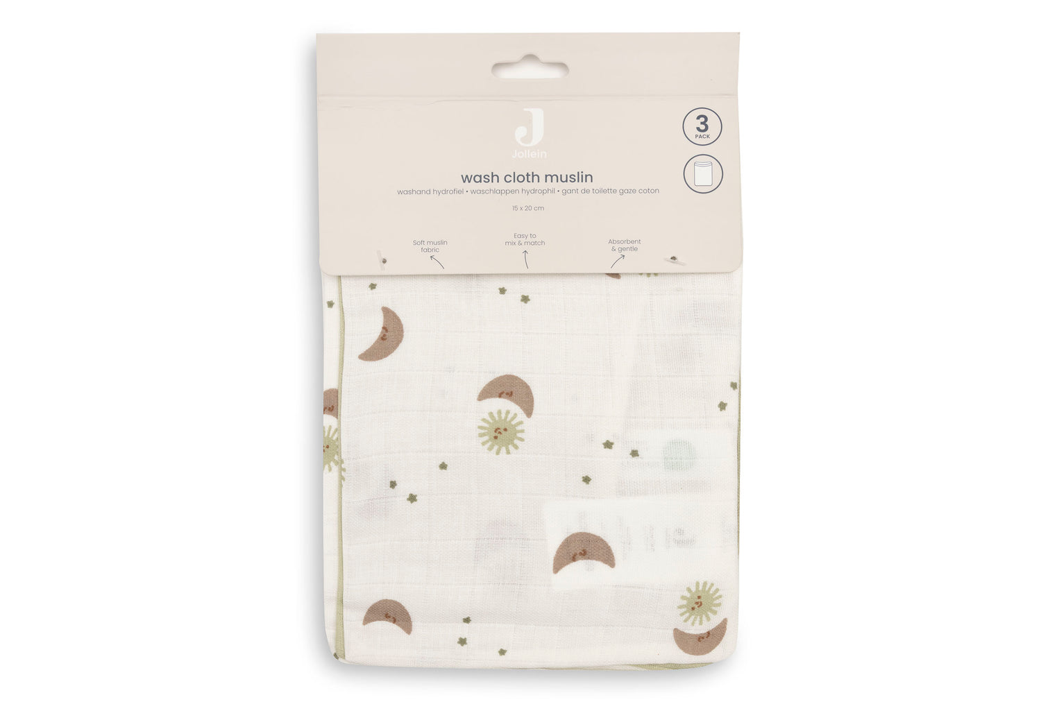 Gant de toilette gaze de Coton 15x20cm - Over the Moon - 3 Unités (Jollein)