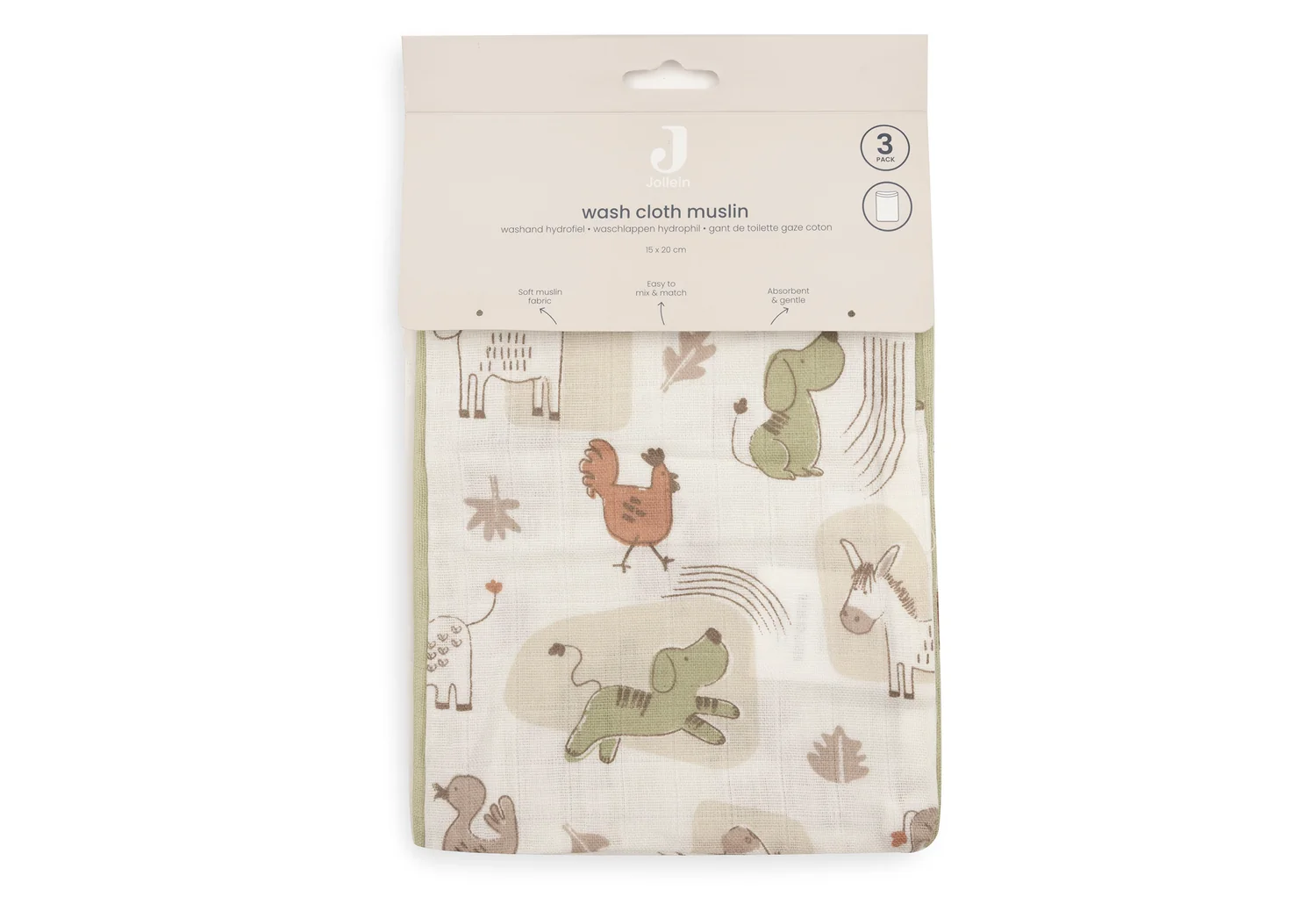 Gant de toilette gaze de Coton 15x20cm - Barn Buddies - 3 Unités ( Jollein )