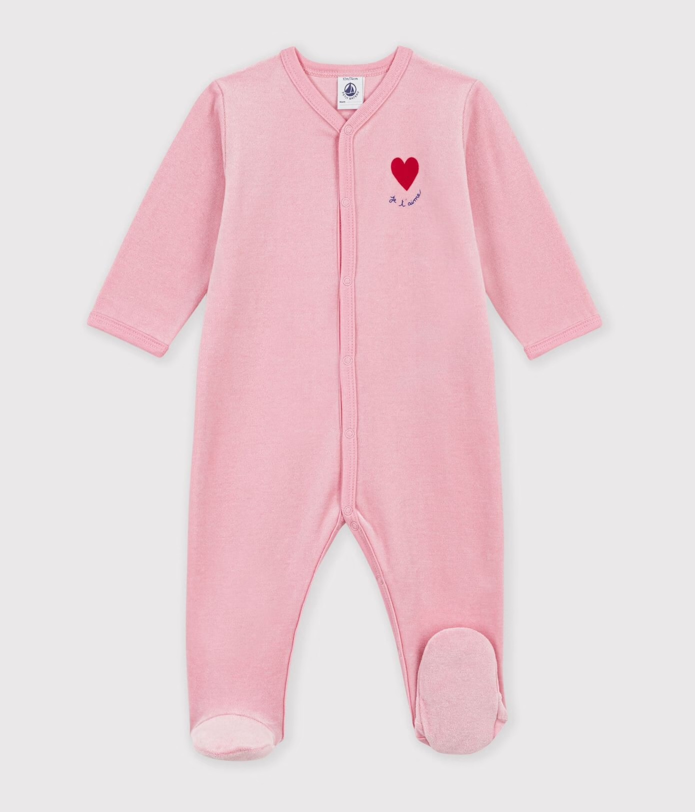 Pyjama bébé en velours uni Rose avec motif placé AW26 (Petit Bateau)