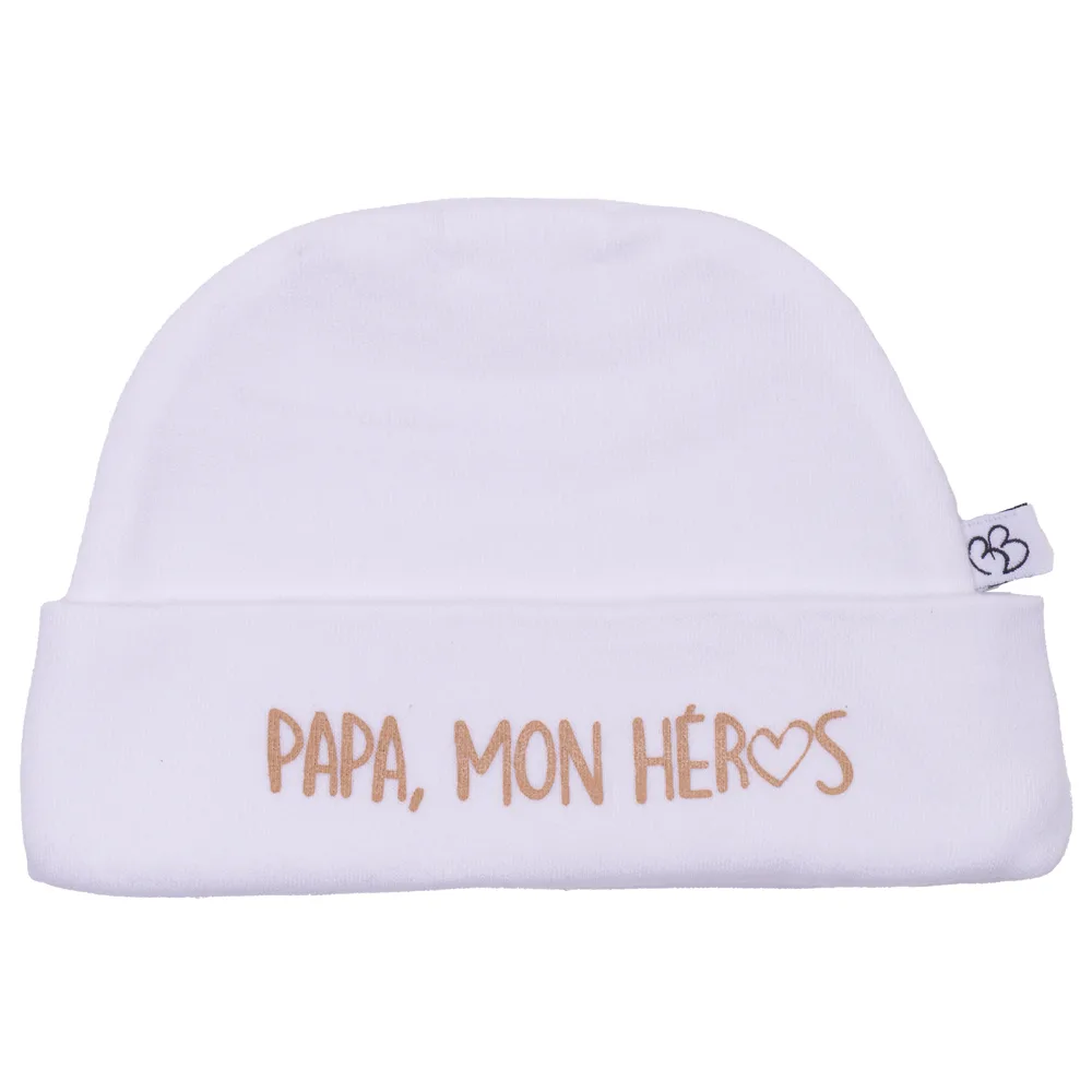 Bonnet bébé naissance « Papa, mon héros » blanc (BB and Co)