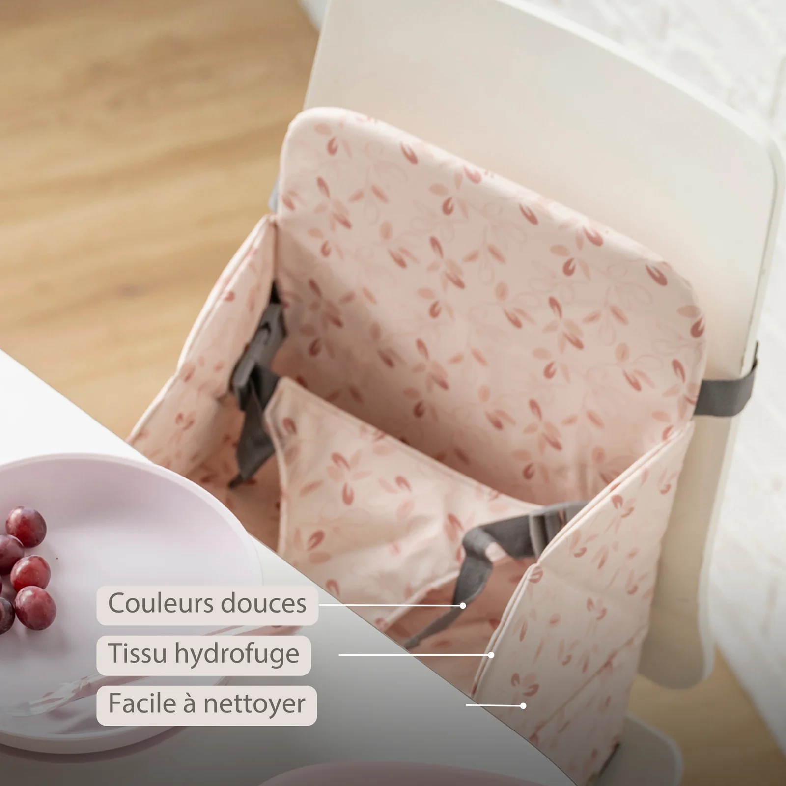 Rehausseur de Chaise Pliable pour Chaise de Salle à Manger - Siège Imperméable avec Harnais de Sécurité - Rose avec Pétales (Nattou) – Image 3